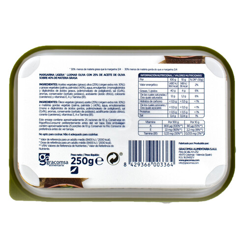 LUXMAR Margarina ligera 40% con aceite de oliva 250 g.