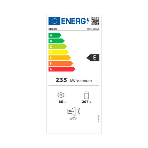 Frigorífico combi 178,5cm HISENSE RB372N4AWE TOTAL NO FROST, clasificación energética: E, H: 178,5cm, A: 59,5cm, F: 59cm, capacidad total: 292L.