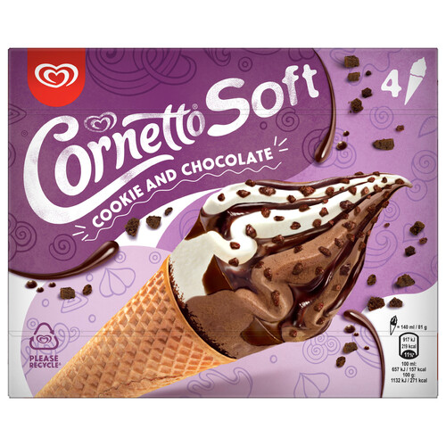 CORNETTO Cono de helado sabor galleta con trocitos de galleta al cacao, salsa y recubrimiento de chocolate 4 x 140 ml.