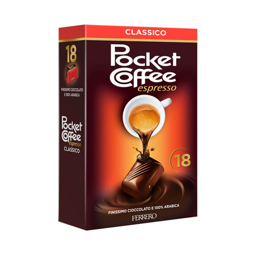 FERRERO POCKET COFFE Crujientes especialidades con cobertura y relleno cremoso de capuccino 18 uds. 230 g.