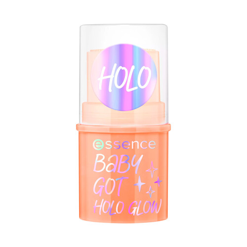 ESSENCE Baby got holo glow tono melocotón Iluminador holográfico en barra con acabado brillante.