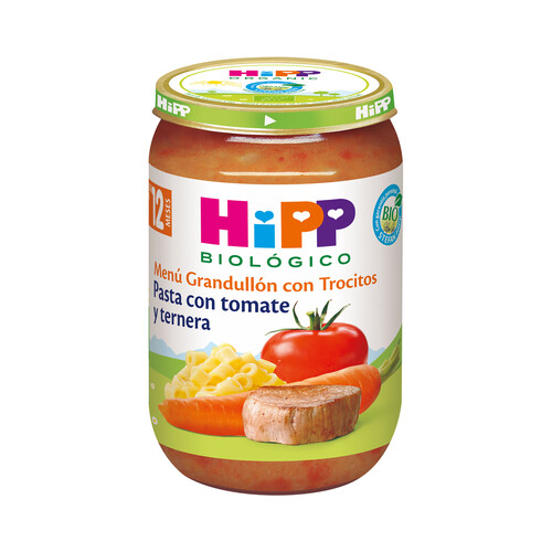 HIPP Biológico Tarrito (con trocitós) de pasta con tomate y ternera, a partir de 12 meses 220 g.