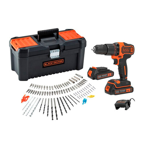 Taladro atornillador inalámbrico de 18V con percusión, 2 baterías de 1,5 Ah, +30 accesorios +caja, BLACK & DECKER.