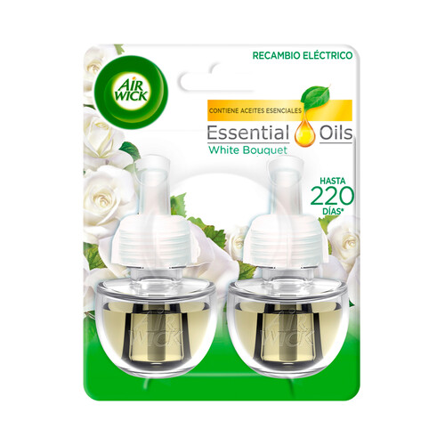 AIR WICK Ambientador eléctrico Whiite Bouquet- Recambios AIR WICK ESSENTIAL OILS 2 x 19 ml.