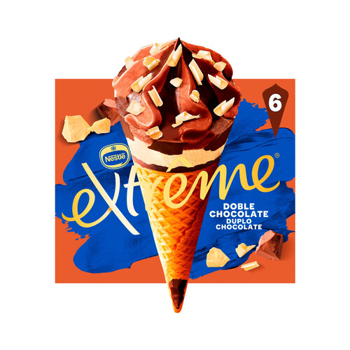 EXTRÈME Cono de helado de chocolate blanco, con leche y negro, con virutas de chocolate blanco 6 x 120 ml.