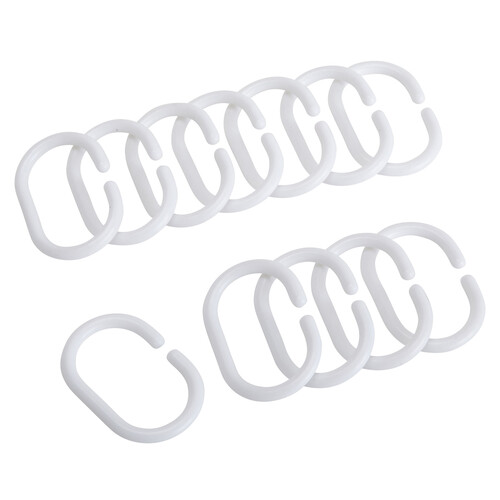 Set de 12 anillas de plástico en color blanco para sujetar cortinas de baño, PRODUCTO ALCAMPO.