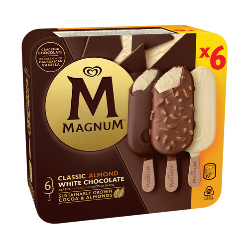 MAGNUN de Frigo Bombones helados de chocolate con leche (2), almendrado (2) y chocolate blanco (2) 6 x 100 ml.