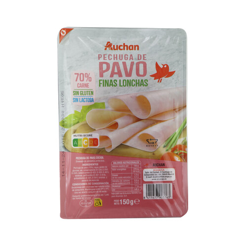 AUCHAN Pechuga de pavo (70% carne) cocida y cortada en finas lonchas 150 g. Producto Alcampo