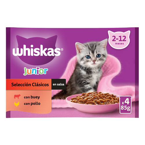 WHISKAS Pienso húmedo para gatos bolsa junior carne gelatina WHISKAS 4x85 gr.