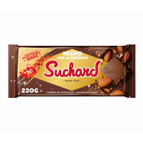 SUCHARD Turrón de chocolate negro con almendras enteras y arroz inflado 260 g.